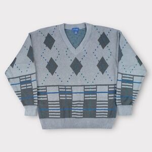 Vintage Towncraft Men's Large Gray Argyle V-Neck Knit Sweater Preppy‎ Retro